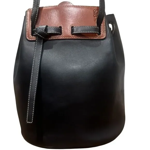LOEWE Black Bicolor Whiskey Brown Small Lazo Bucket Bag Auth - Picture 3 of 14